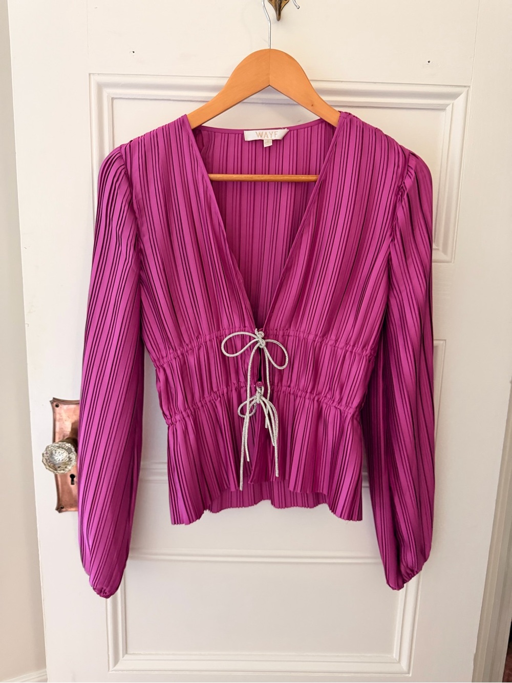 Wayf Magenta Pleated V-Neck Drawstring Peplum Blouse